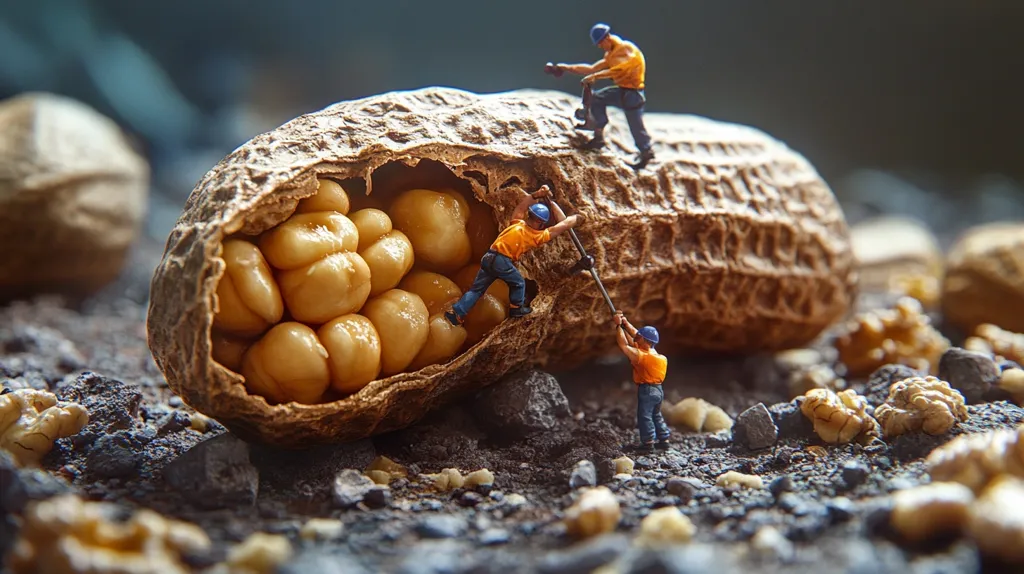 Miniature workers are meticulously extracting peanuts from a giant cracked peanut shell.  They use small tools, their scale emphasizing the immense size of the nut. The scene is set amongst a scattering of other nuts and pebbles, creating a whimsical and detailed composition.  The image is sharply focused, highlighting the tiny figures in their industrious task.