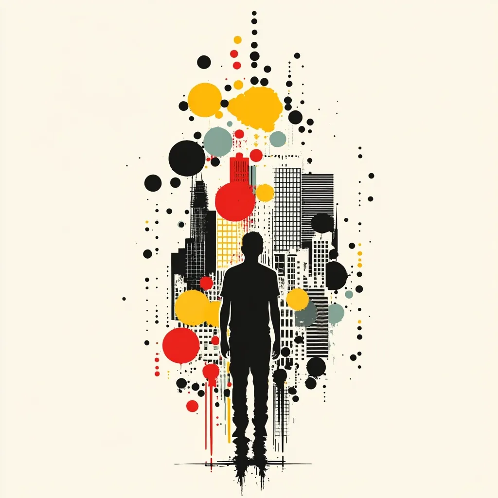 A stylized graphic depicts a lone male figure silhouetted against a cityscape backdrop.  Bold, colorful circles and splatters of paint in red, yellow, and grey surround the city's grunge-textured buildings.  The overall aesthetic is modern and urban, with a strong graphic design emphasis. The man appears contemplative, standing centrally within the vibrant and slightly chaotic scene.