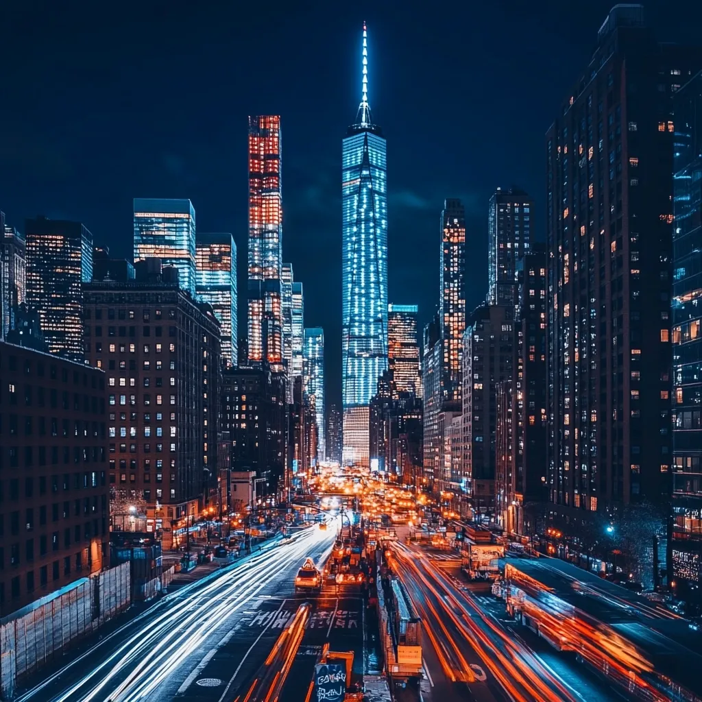 A vibrant nighttime cityscape, dominated by the illuminated One World Trade Center, stretches into the distance.  Traffic streaks create light trails across the wide avenue below, while surrounding skyscrapers glow with warm and cool tones. The scene is a captivating blend of urban energy and architectural grandeur.