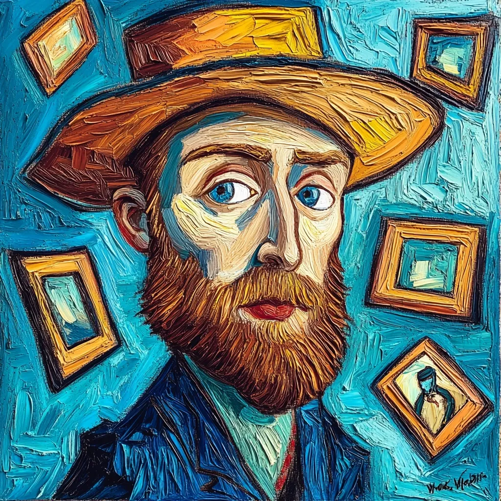 A vibrant, impasto-style portrait of Vincent van Gogh, depicted wearing a wide-brimmed hat.  The artist's signature thick brushstrokes create a textured effect.  Surrounding him are small, framed images, possibly representing his other works, adding depth and a playful nod to his artistic legacy. The background is a rich teal, contrasting with the warm tones of his clothing and hat. The overall impression is one of bold expressionism.