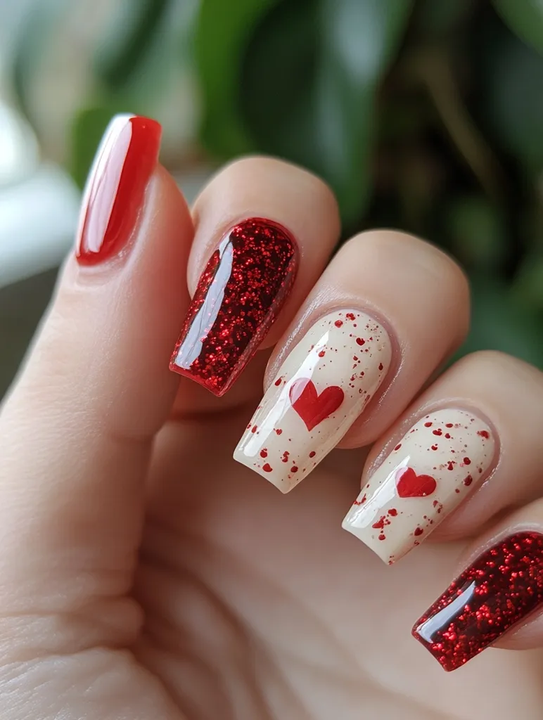 A close-up showcases a hand adorned with Valentine's Day nail art.  Two nails feature a creamy beige base speckled with tiny red hearts, while two others boast a vibrant red glitter polish. A single nail is painted a solid, glossy red. The design is elegant and festive, perfect for the romantic holiday.