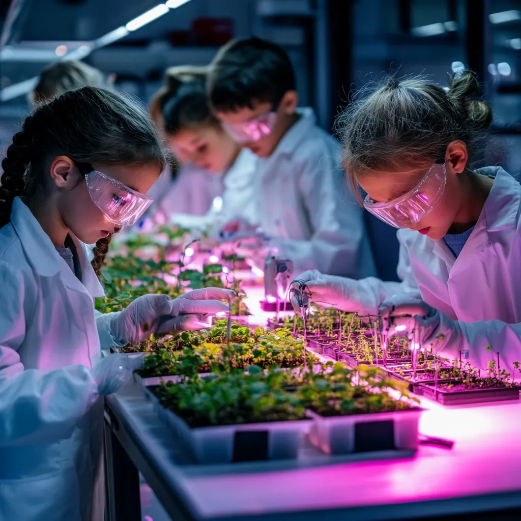 Young scientists, dressed in lab coats and safety glasses, meticulously tend to rows of seedlings under pink grow lights.  They carefully examine and adjust small plants in a controlled environment, showcasing a focus on scientific exploration and plant cultivation.  The scene suggests a hands-on science education program or a research project involving children.