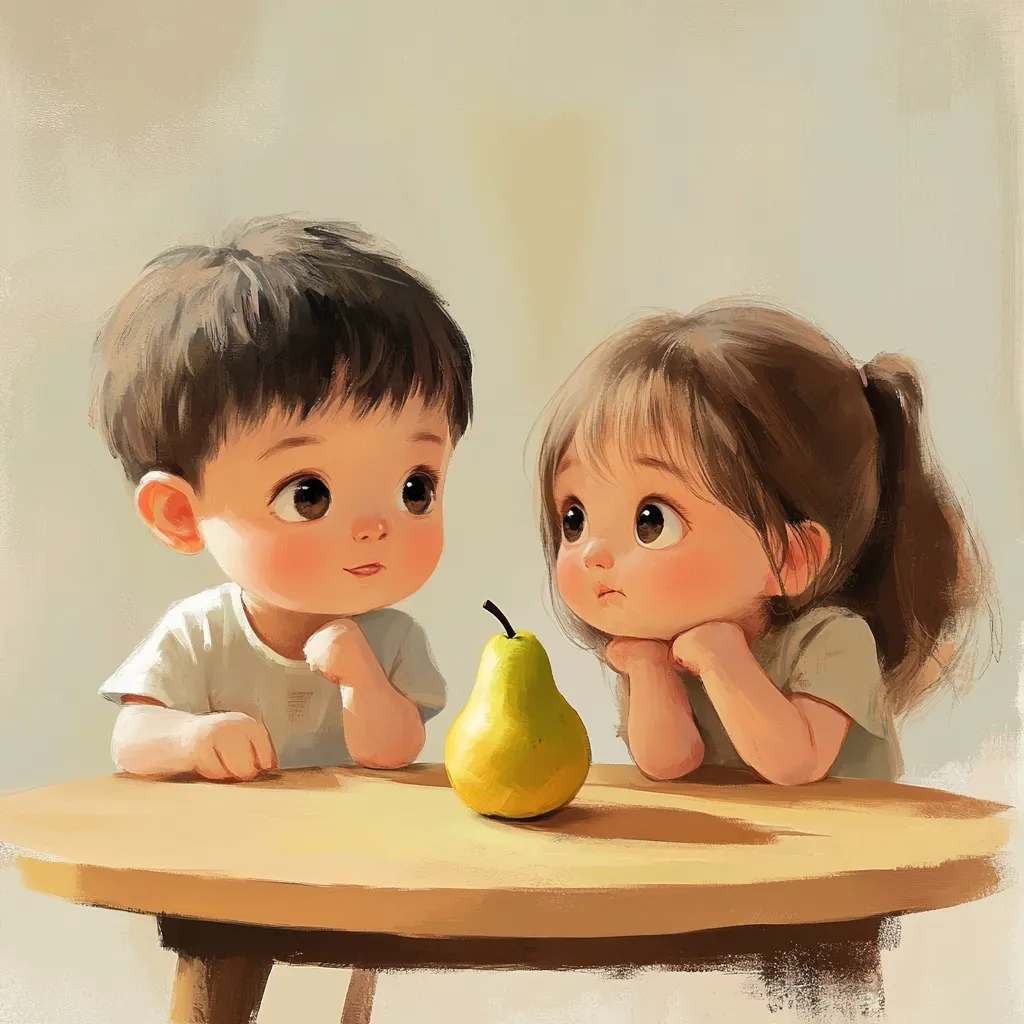 A digital painting shows two adorable toddlers, a boy and a girl, seated at a small wooden table.  They gaze intently at a single, ripe yellow pear in the center of the table. The children's large eyes and soft features are characteristic of a stylized, cartoonish aesthetic. The warm lighting and soft brushstrokes create a gentle, heartwarming scene.
