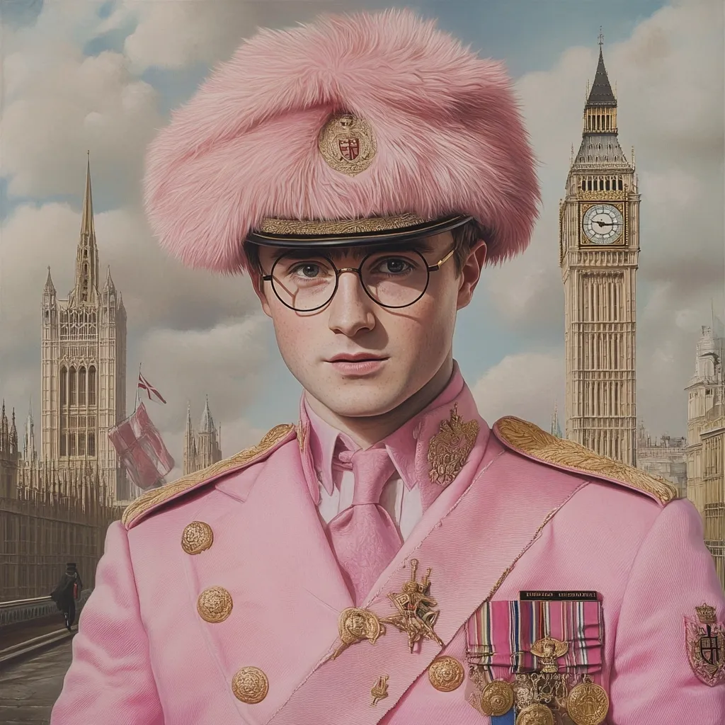 A portrait of a young man, possibly Daniel Radcliffe, in a vibrant pink military-style uniform with gold detailing. He wears round glasses and a large, fluffy pink hat.  The background features iconic London landmarks, including the Houses of Parliament and Big Ben, creating a whimsical and surreal juxtaposition.  The overall style is hyperrealistic painting, with a focus on detail and rich color.