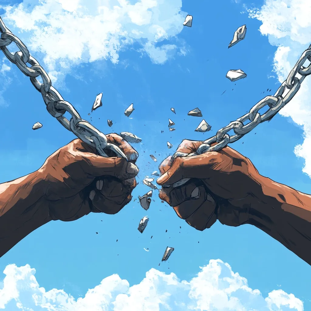 Two powerful hands, brown-skinned and muscular, fiercely break a heavy metal chain against a vibrant blue sky.  Shrapnel from the shattered chain flies outwards, symbolizing freedom and the overcoming of oppression. The image conveys strength, resilience, and the triumph over adversity.  White fluffy clouds form a backdrop to this powerful act of liberation.