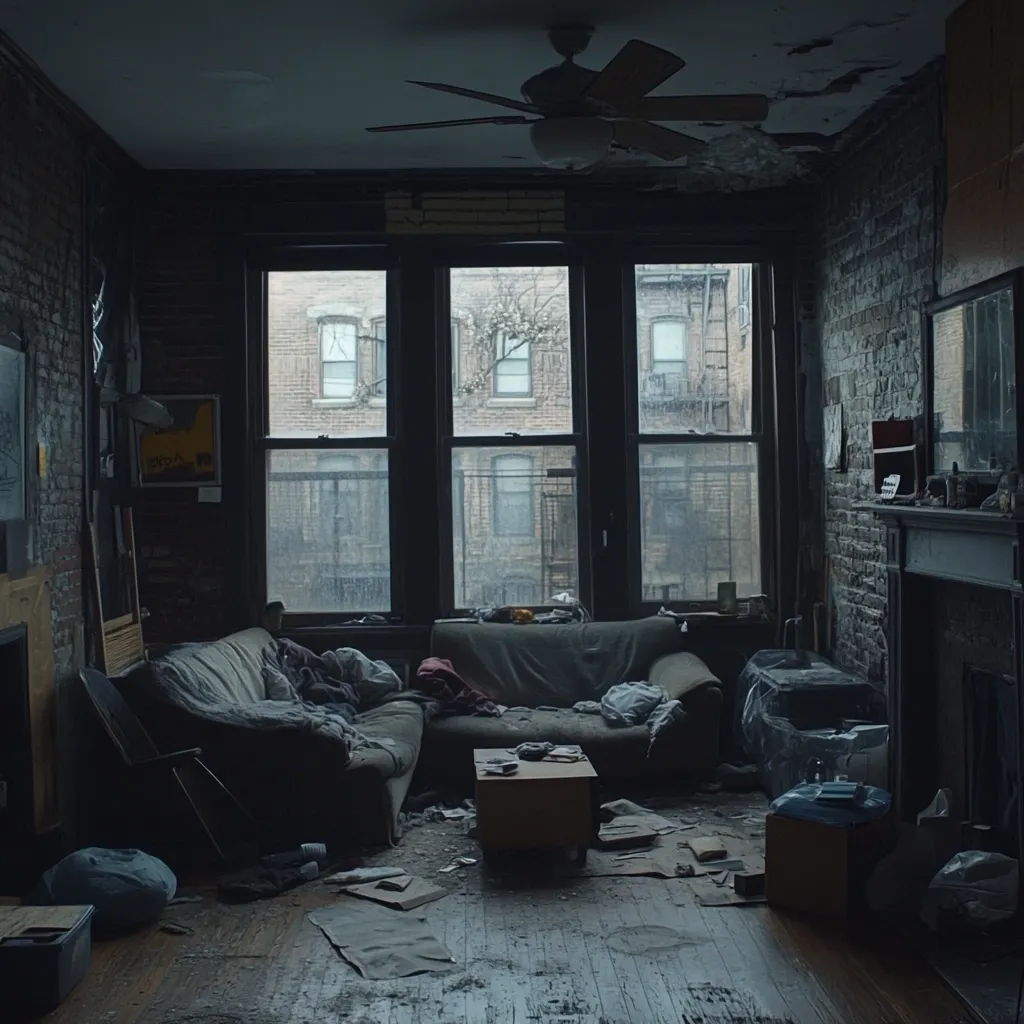 A dimly lit, cluttered living room in a dilapidated brick building.  A worn, dark sofa dominates the space, strewn with clothes and debris.  Large windows overlook a rain-swept cityscape.  The ceiling shows signs of damage, and the overall atmosphere is one of neglect and disrepair.  Boxes and other discarded items litter the floor, adding to the sense of abandonment.  A ceiling fan hangs above, a stark contrast to the room's somber mood.