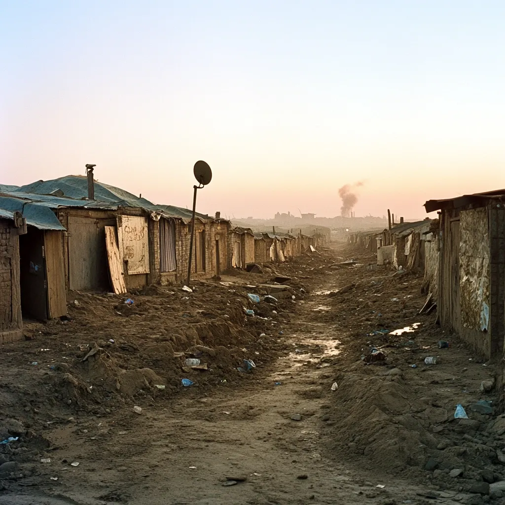 A narrow, muddy alleyway winds through a densely packed impoverished settlement.  Rows of rudimentary, makeshift dwellings made of mud and salvaged materials line the path, littered with debris and trash.  A satellite dish stands out against the muted, dusty landscape, hinting at a connection to the outside world.  In the distance, a hazy sunset and industrial smoke add to the desolate atmosphere.