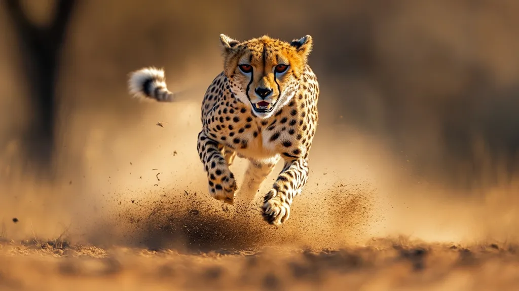 A cheetah runs at full speed across dry, dusty ground, its powerful legs propelling it forward.  Dust and dirt explode from beneath its paws in a cloud of motion blur. The cheetah's focused expression and sleek, spotted coat are clearly visible against the blurred background of muted earth tones. The image captures the raw power and grace of this magnificent animal in its natural habitat.