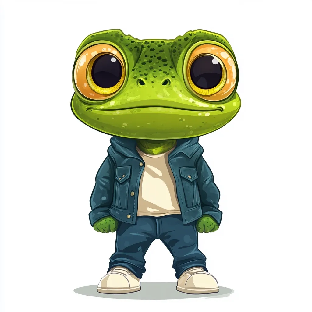 A cartoon illustration of a frog wearing a denim jacket and jeans.  The frog has large, expressive eyes and a friendly expression.  Its outfit is casual and stylish, making it a cute and appealing character. The frog is presented in a full body view against a white background.