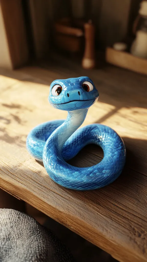 A charming, cartoonish blue snake rests on a rustic wooden table, bathed in warm sunlight. Its large, expressive eyes and friendly demeanor create a whimsical scene. The snake's scales are meticulously detailed, enhancing its playful appearance.  The background is blurred, focusing attention on the adorable creature. The overall image evokes a sense of warmth and gentle curiosity.