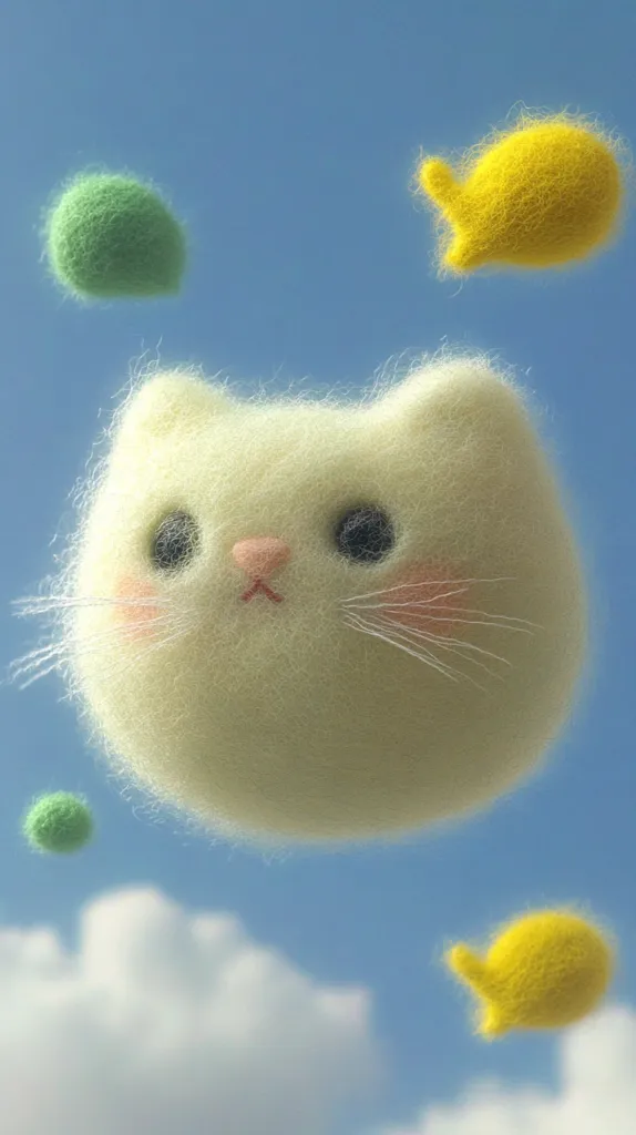 A fluffy, pale yellow cat-shaped object floats in a bright blue sky.  Smaller, similarly textured spheres of green and yellow accompany it, resembling playful, floating companions. The scene is whimsical and dreamlike, with soft clouds visible in the background. The overall aesthetic is cute and lighthearted.