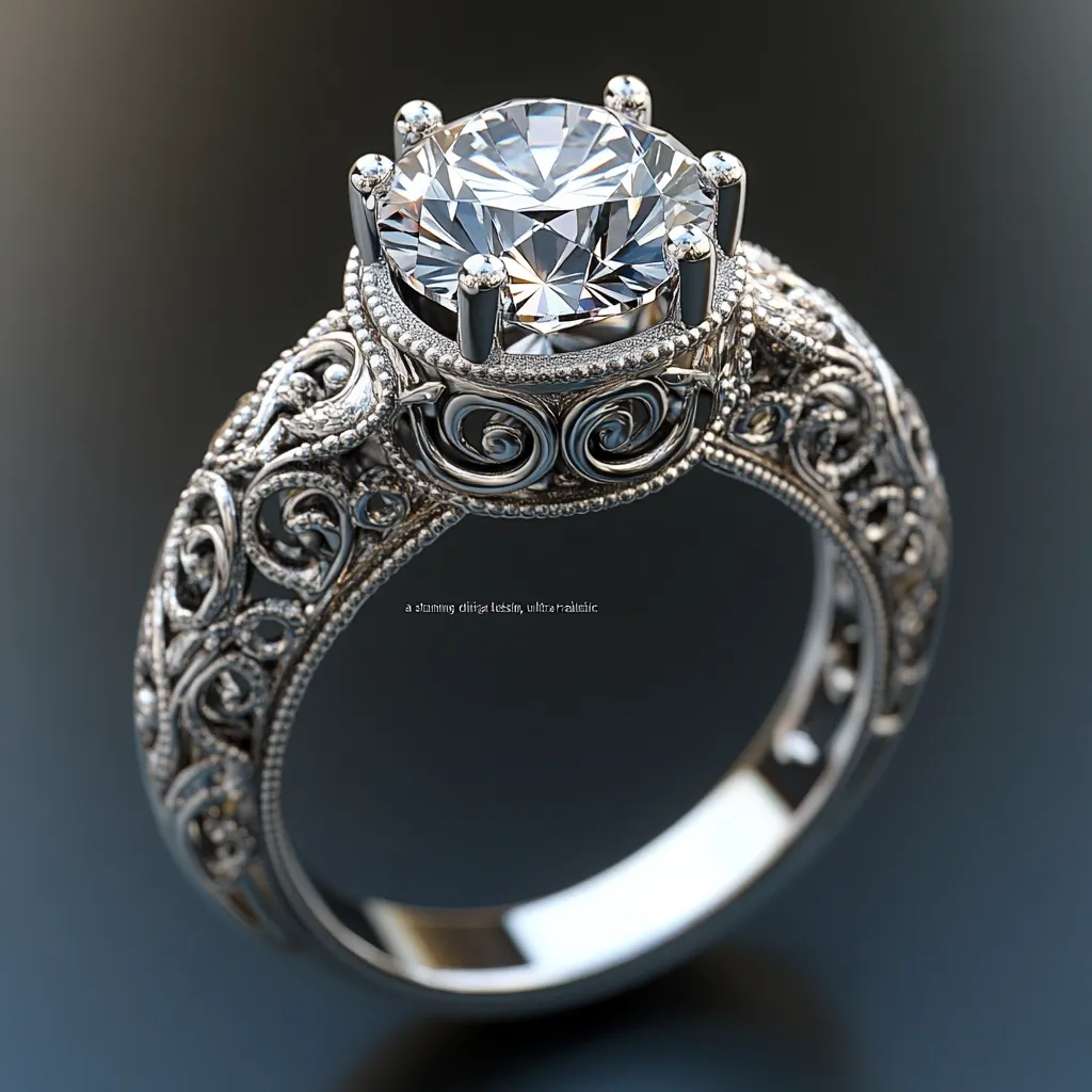 A stunning diamond ring with intricate filigree detailing. The large, brilliant-cut diamond is set in a high-prong setting, encircled by ornate scrolls and flourishes. The band is crafted with meticulous detail, showcasing a beautiful blend of vintage and modern design. The ring is presented on a dark gray background, highlighting its elegance and sophistication.