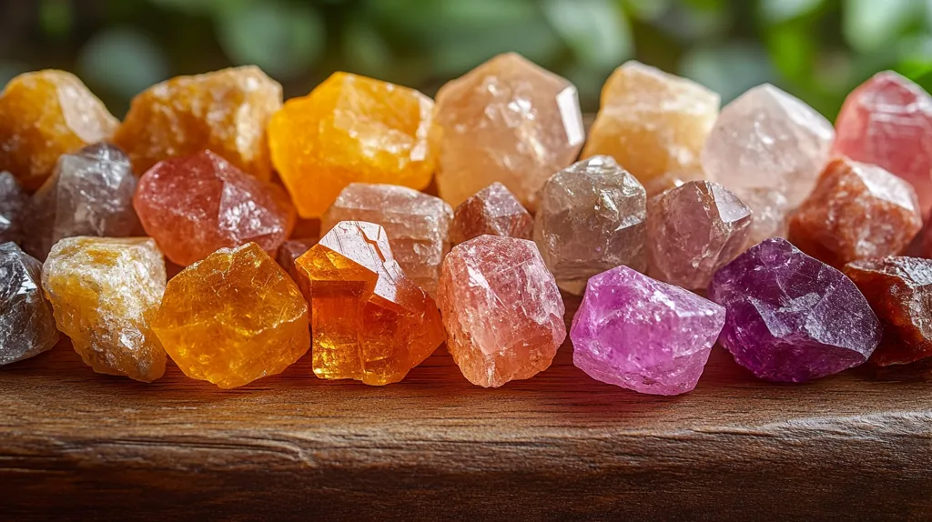 A collection of vibrant, multicolored crystals rests on a rustic wooden surface.  The gems display a spectrum of colors, from warm oranges and yellows to cool pinks and purples, showcasing varying shades and translucent qualities.  Their rough, natural facets suggest a raw, uncut appearance, adding to their captivating beauty. The blurred green background hints at a natural outdoor setting.