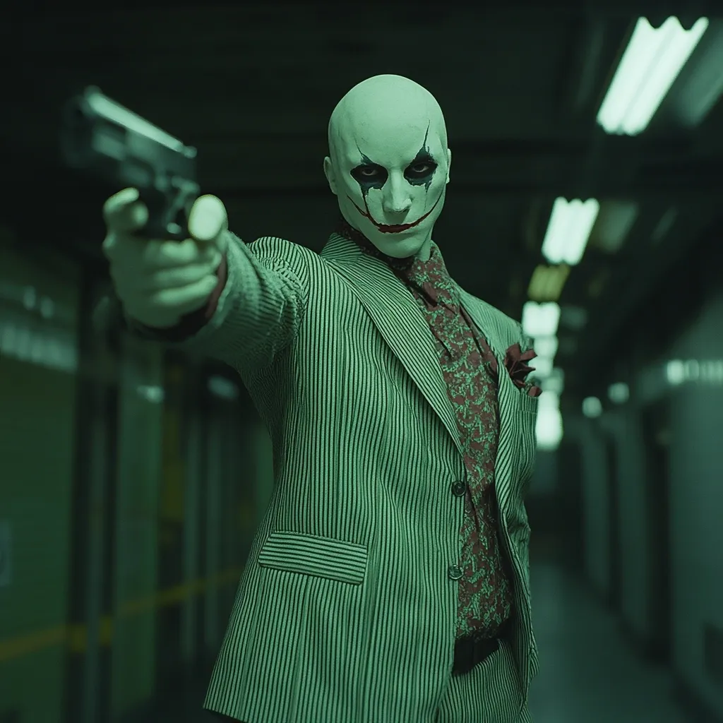 A man in a pinstripe suit and a pale, clown-like mask aims a handgun directly at the viewer.  The setting appears to be a dimly lit corridor or underground passage. The overall tone is menacing and unsettling, suggesting a scene of suspense or thriller. The green color grading enhances the eerie atmosphere.