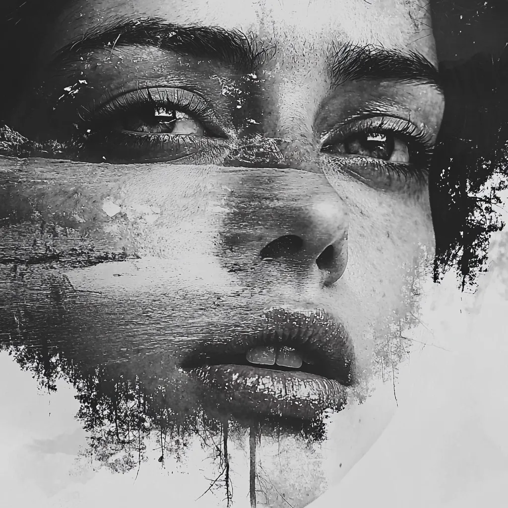 A monochromatic double exposure image portrays a woman's face interwoven with a forest landscape.  Her expressive eyes and lips are prominent, while the rest of her features are subtly blended with the trees and brushstrokes, creating a haunting and ethereal effect.  The grayscale palette enhances the somber mood, suggesting a connection between human emotion and nature's raw beauty.