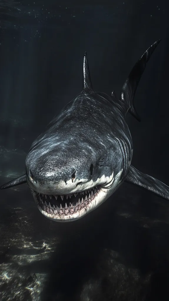 A great white shark, powerfully built and dark in coloration, looms in the deep ocean.  Its massive head and rows of sharp teeth are clearly visible, creating an ominous presence.  The dark, murky water surrounds it, emphasizing the shark's size and the underwater environment's mystery. Light filters from above, faintly illuminating the scene.