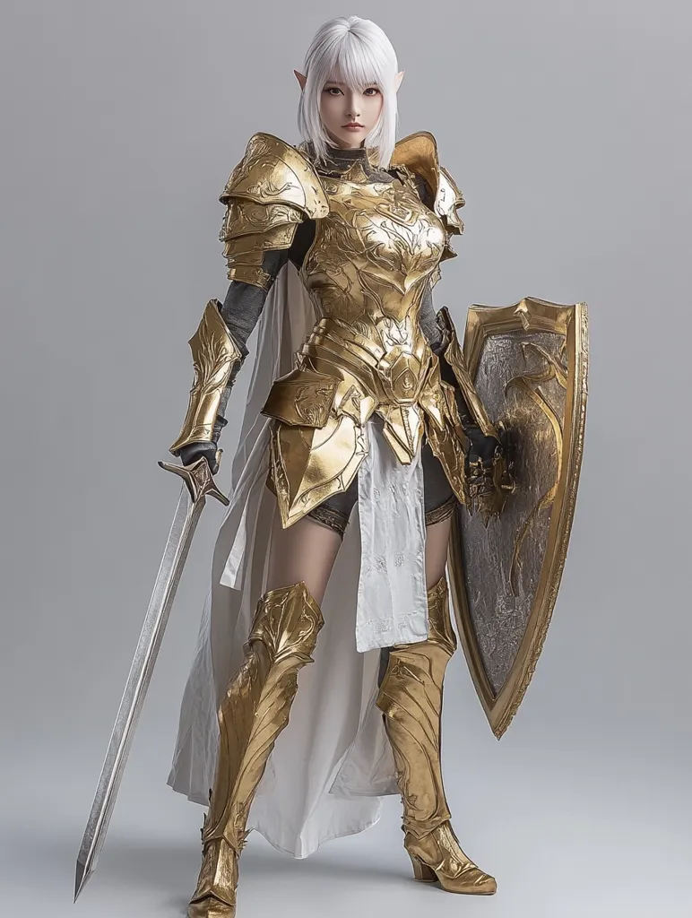 A female elf cosplayer is depicted in a full-body shot, majestically attired in ornate gold armor.  The armor is intricately detailed, showcasing a polished, metallic sheen. She wields a long sword and carries a large, intricately carved shield.  Her white hair and pointed ears complete the elven aesthetic.  The background is a simple, neutral gray, ensuring the focus remains on the stunning costume.