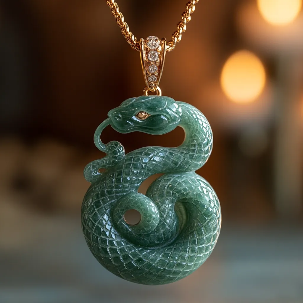 A meticulously carved jade snake pendant hangs elegantly from a gold rope chain adorned with small diamonds. The serpentine form is intricately detailed, showcasing the jade's subtle green hues and polished surface. The snake coils gracefully, its head raised slightly, creating a captivating piece of jewelry.  The gold bail is set with a small row of sparkling diamonds, adding to the luxurious appeal.