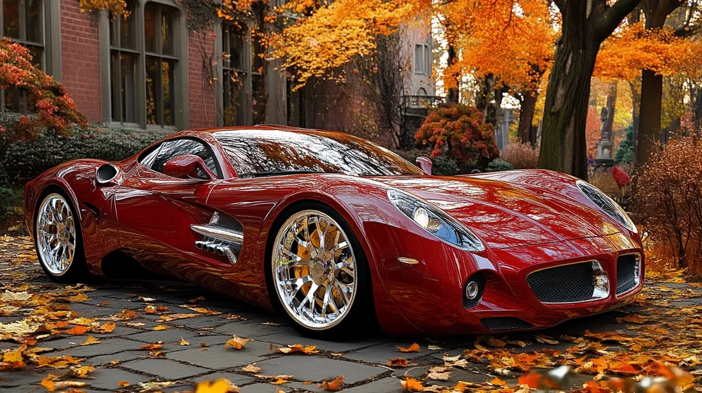 A vibrant red sports car, sleek and modern, rests on a cobblestone path strewn with autumn leaves.  The car's metallic paint gleams, reflecting the surrounding autumnal colors.  Large, chrome wheels and a low profile emphasize its sporty design. The backdrop features a brick building and trees ablaze with orange and yellow foliage, creating a picturesque autumn setting.