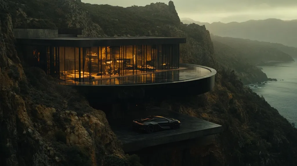 A sleek, modern glass and concrete house clings dramatically to a cliffside overlooking the ocean.  The home's circular design extends out over the precipice, offering breathtaking panoramic views.  A dark-colored luxury sports car rests on a platform below the structure, adding to the sense of opulence and secluded luxury. The overall aesthetic is one of minimalist sophistication and breathtaking natural beauty.