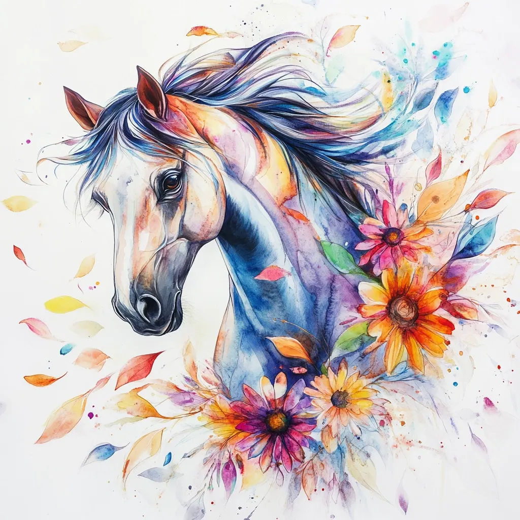 A watercolor painting depicts a horse's head and neck, rendered in shades of blue, grey, and beige, its mane flowing dynamically.  Vibrant, colorful flowers, including sunflowers and daisies, are artistically incorporated around the horse, suggesting a feeling of freedom and natural beauty.  Loose, flowing watercolor strokes create a sense of movement and ethereal grace.