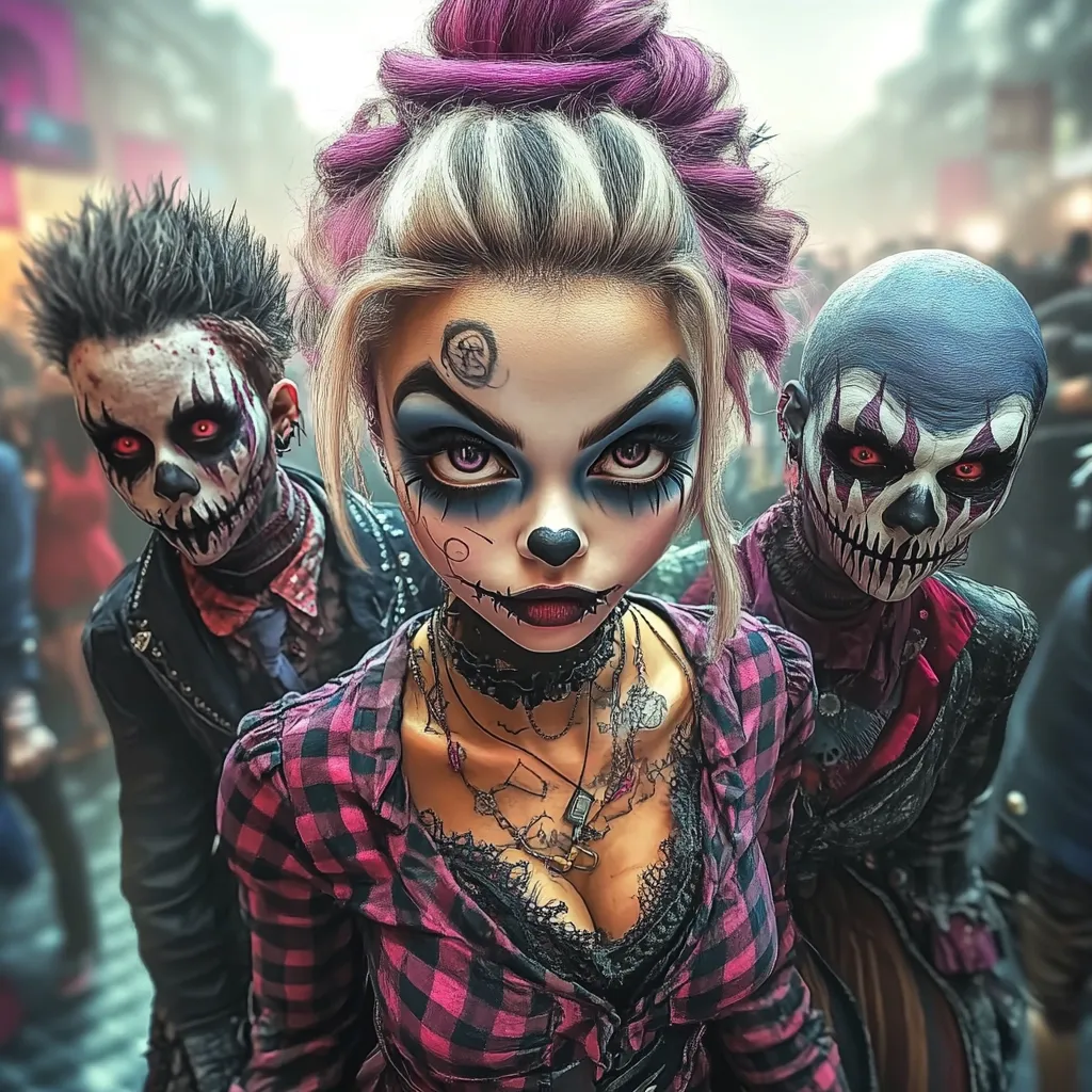 A stylized digital painting depicts a trio of individuals in Halloween costumes.  A central female figure with vibrant purple hair and exaggerated cartoonish makeup stands between two others, both with skull-like face paint and dark clothing.  They appear menacing yet captivating, their expressions and costumes conveying a spooky, playful atmosphere. The background suggests a crowded, possibly urban, setting.