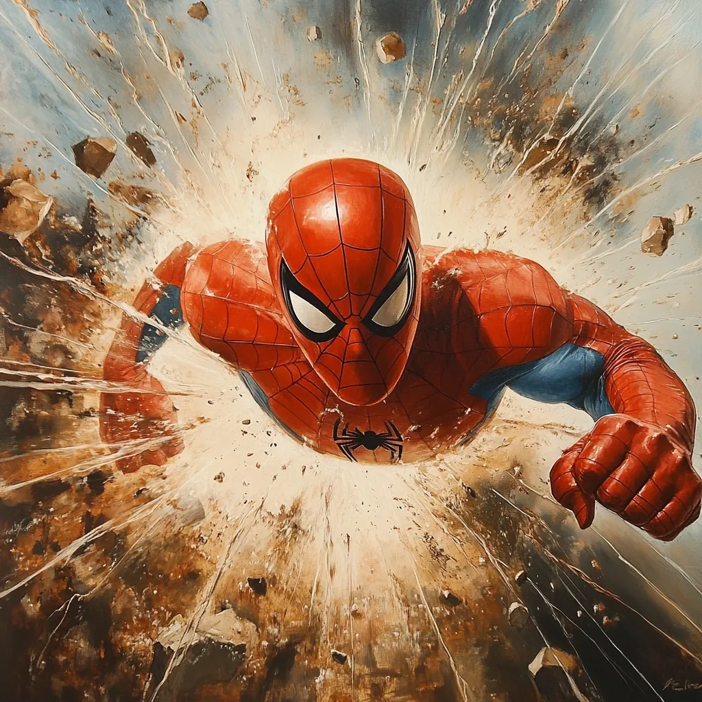 A dynamic painting depicts Spider-Man bursting through a shattered concrete wall.  His red and blue suit is detailed, his mask focused intently.  The surrounding debris explodes outwards in a flurry of dust and fractured stone, emphasizing the force of his impact and showcasing his incredible power. The style is realistic with dramatic lighting and texture.