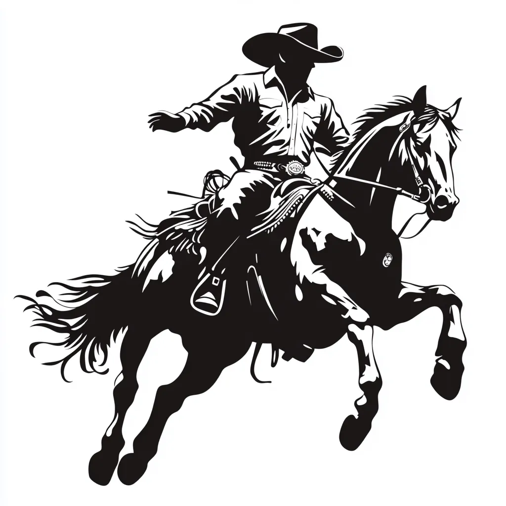 A black and white illustration depicts a cowboy astride a bucking bronco.  The cowboy, wearing a wide-brimmed hat and western attire, grips the horse's reins as the animal leaps powerfully into the air.  The style is bold and graphic, emphasizing the dynamism of the scene. The image is a classic representation of the Wild West.