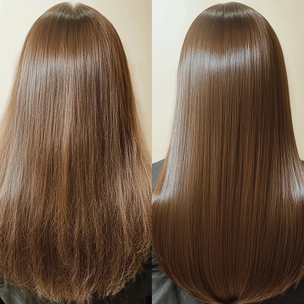 The before-and-after photos showcase a dramatic hair transformation.  On the left, long brown hair appears dry, frizzy, and lacks shine.  The right image reveals the same hair, now sleek, straight, and glossy, exhibiting a significant improvement in texture and overall condition after a treatment.  The transformation highlights the effectiveness of a smoothing or straightening process.