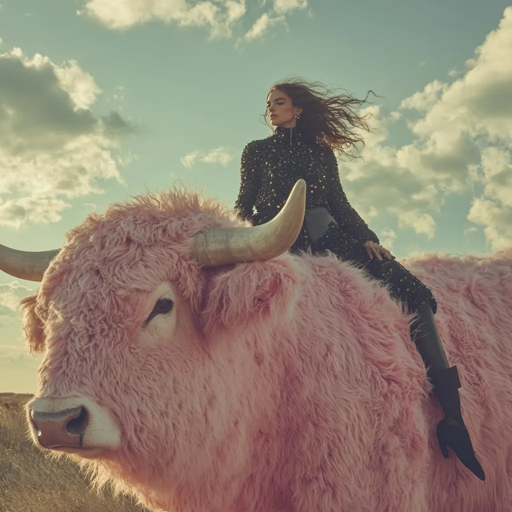 A woman with long brown hair, wearing a black sequined dress and black leather boots, sits atop a large, fluffy, pink bull against a cloudy sky.  The scene is surreal and stylish, possibly for a fashion editorial. The bull's fur is exceptionally soft-looking, contrasting with the woman's sleek outfit. The overall mood is whimsical and slightly edgy.