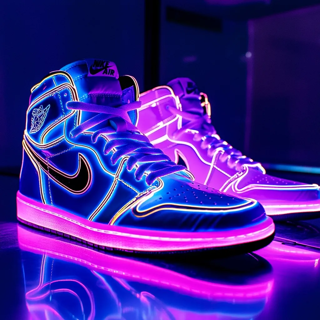 A pair of Air Jordan 1 high-top sneakers glows vibrantly in neon blue and pink lighting.  The shoes feature a glossy finish with neon outlines tracing the iconic Nike swoosh and other details.  They are illuminated from within, creating a striking visual effect against a dark background.  The reflection of the shoes is visible on the glossy surface beneath them.