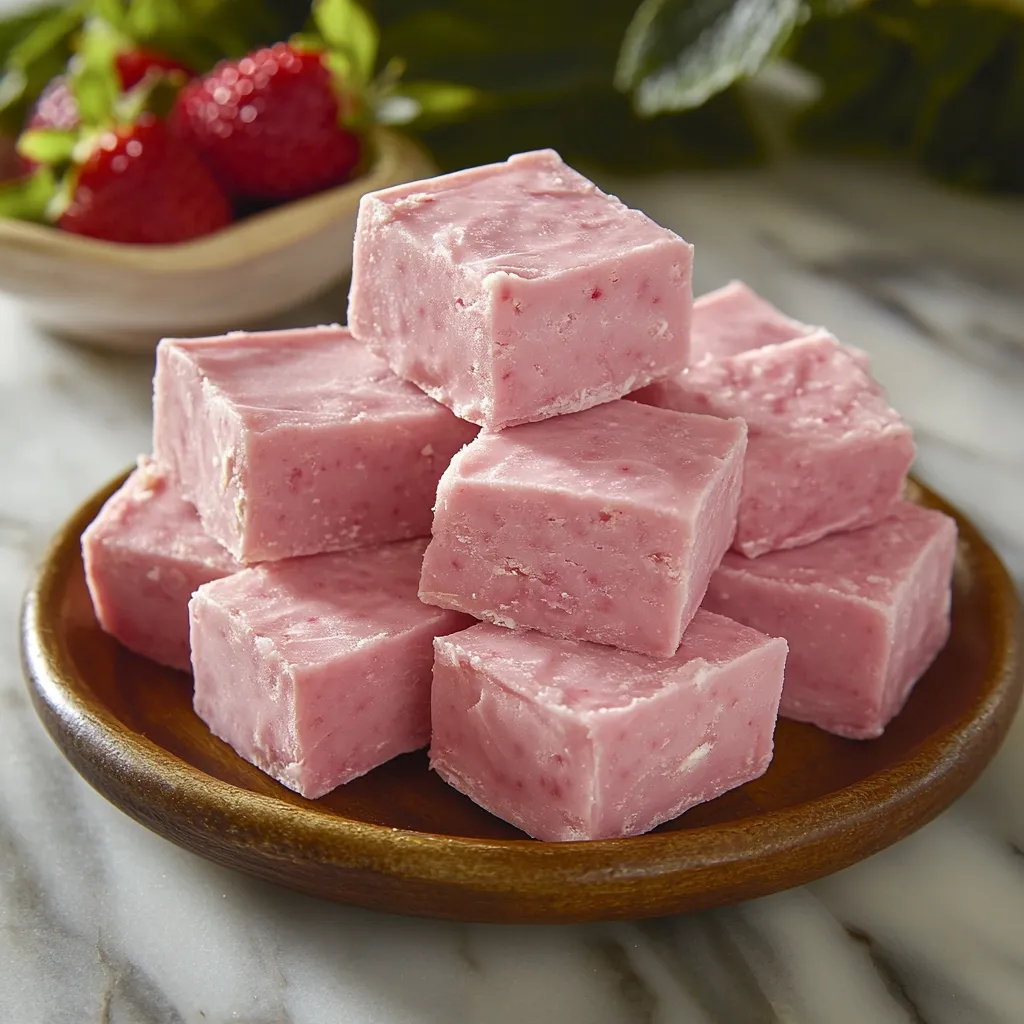 A wooden dish holds a stack of pink strawberry fudge squares.  The fudge is light pink with visible flecks of strawberry throughout.  A blurred background shows a bowl of fresh strawberries, hinting at the fudge's flavor. The scene is bright and inviting, suggesting a sweet and delicious treat.