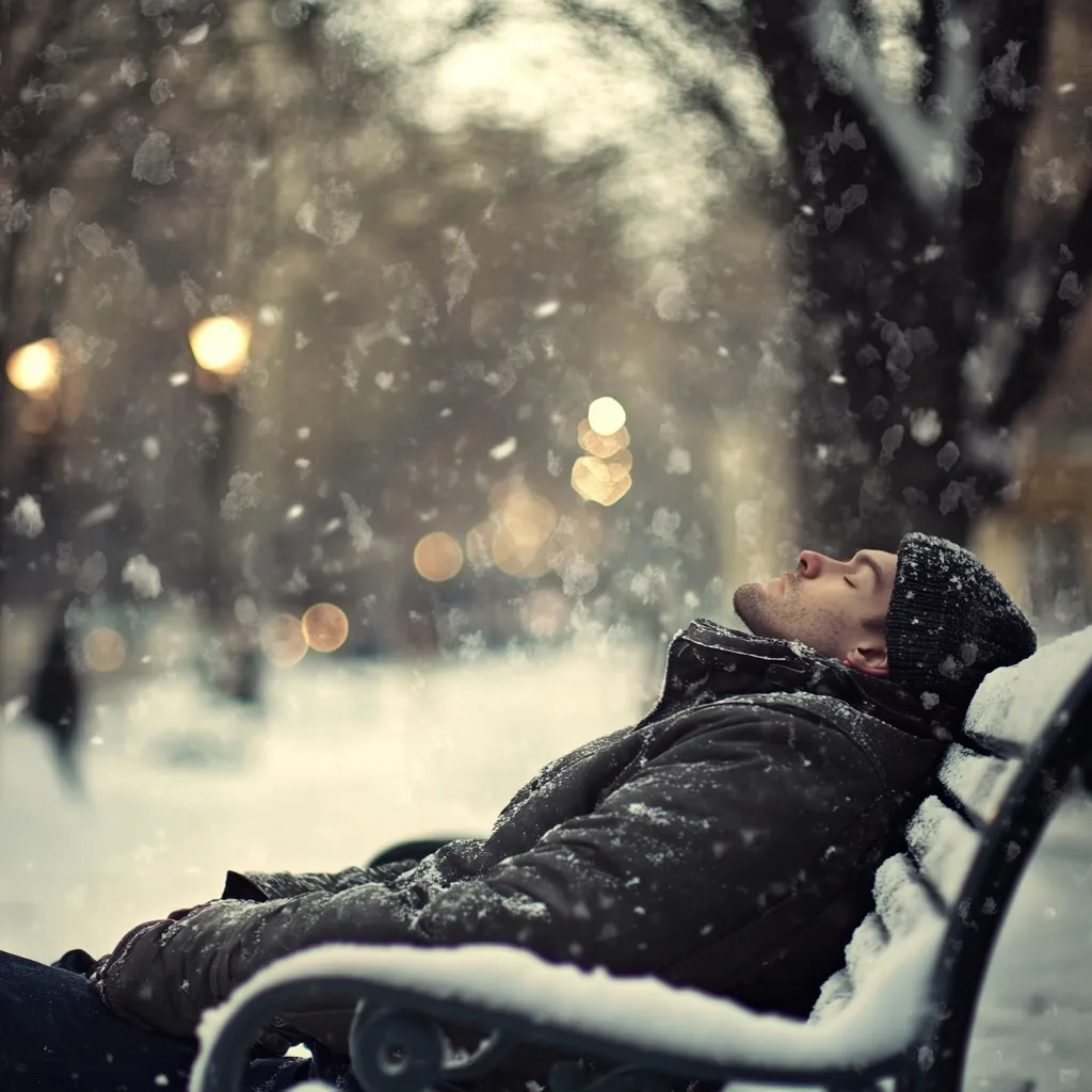 A young man rests peacefully on a snow-covered park bench, eyes closed, face turned upwards.  Snow gently falls around him, blurring the background lights of a winter evening. He's bundled in a dark jacket and beanie, seemingly lost in thought or slumber under the quiet snowfall. The scene evokes a sense of tranquility and winter solitude.