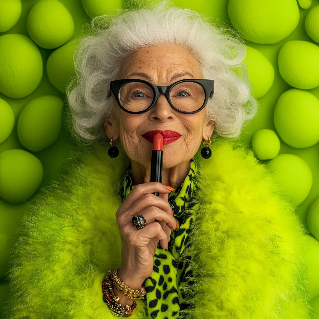 A stylish elderly woman with short, silver, curly hair and black-framed glasses holds a red lipstick to her lips. She wears a bright lime green fur coat over a leopard print blouse and several bracelets.  Her expression is confident and playful, set against a background of lime green spheres.