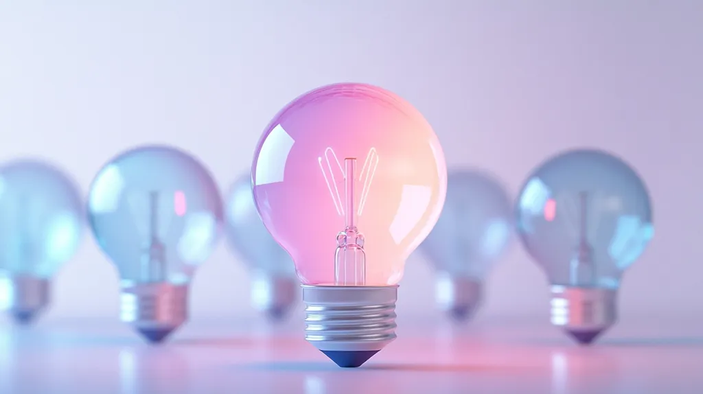 A single, glowing light bulb stands out in the foreground, its glass a gradient of soft pink and purple.  Surrounding it are several slightly blurred light bulbs in cool tones of blue and purple, suggesting a concept of unique ideas or standing out from the crowd. The scene is set against a pale purple background, enhancing the pastel color scheme. The overall impression is one of creativity and innovation.