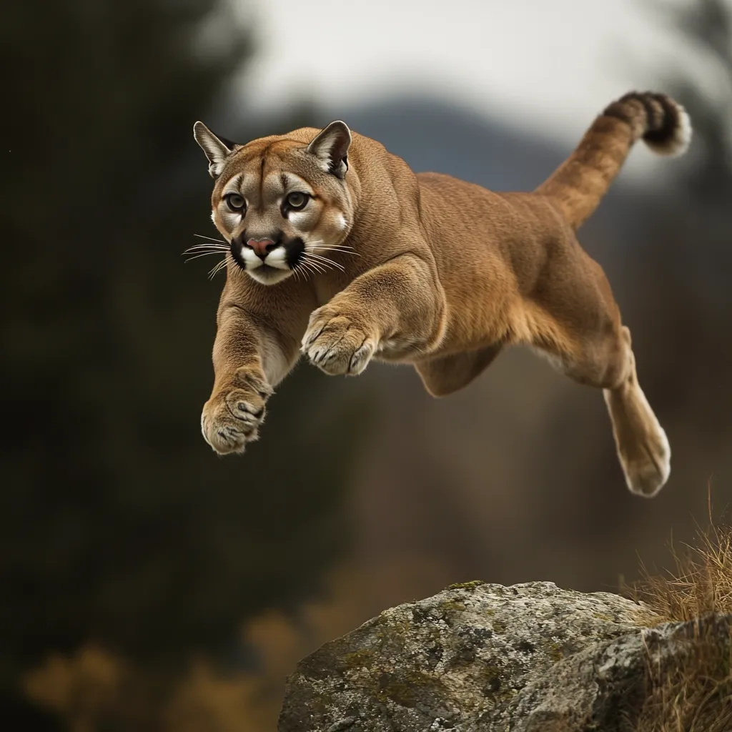 A majestic cougar is captured mid-leap, its powerful muscles taut as it gracefully navigates the air.  The tawny fur contrasts beautifully against the blurred background of greens and browns.  Its intense gaze is fixed forward, showcasing the wild beauty and predatory nature of this apex predator. The cougar appears to be soaring towards a large rock, emphasizing its agility and strength.