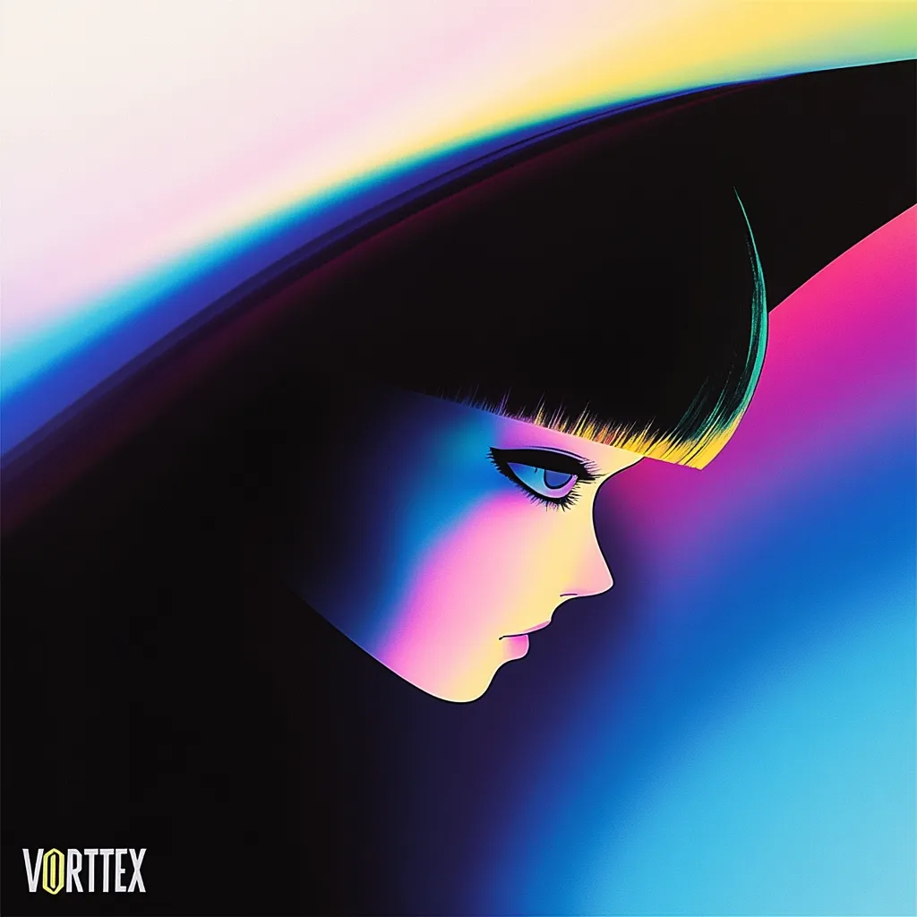 A stylized female profile is presented against a vibrant, iridescent background.  Her dark hair is styled in blunt bangs, and her face is highlighted with neon pink and blue hues, creating a futuristic and ethereal aesthetic. The image is saturated with bold colors and sharp lines, suggesting a digital art style. The word "VORTTEX" is subtly placed in the bottom left corner.