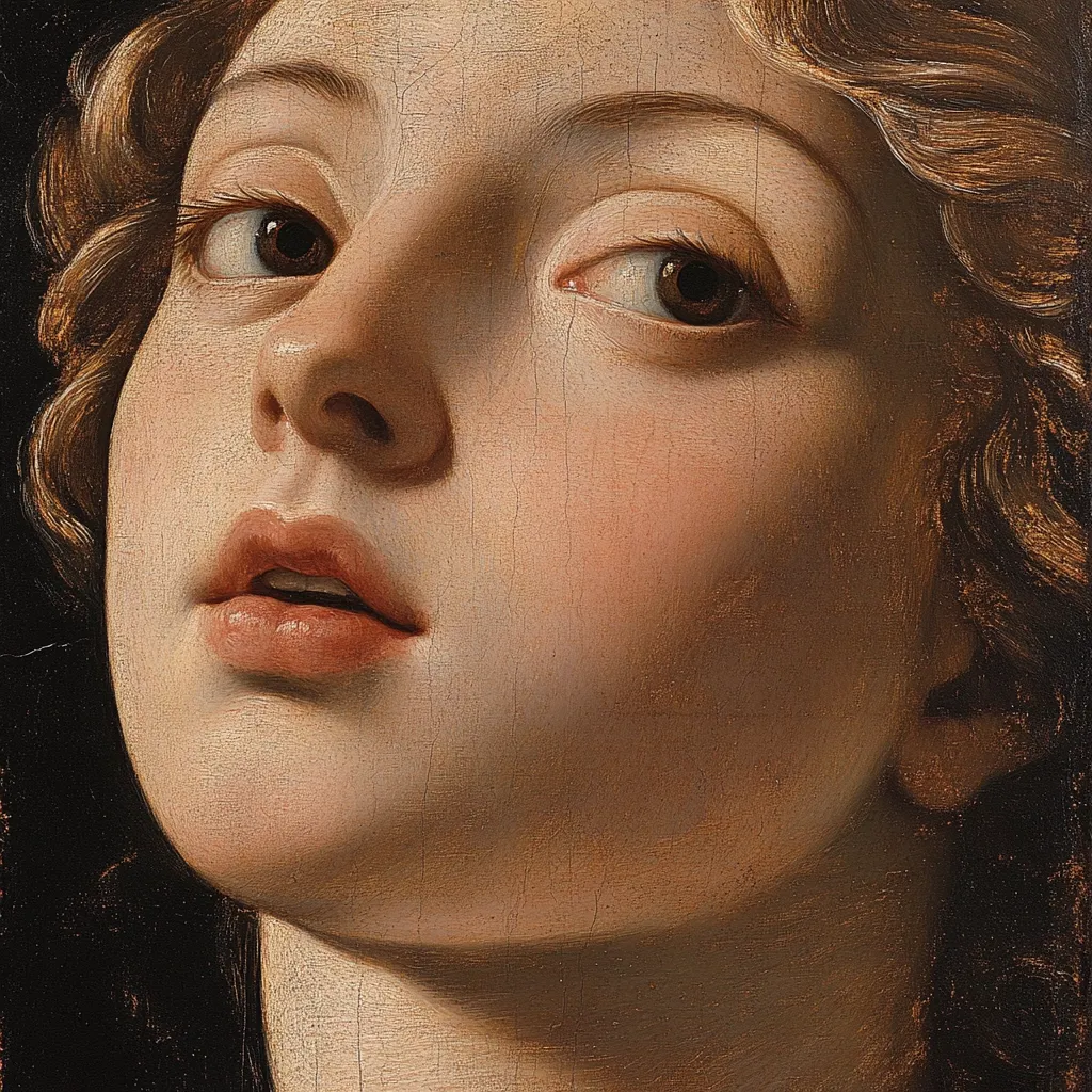 A close-up detail of a painting depicts a young woman's face, her gaze directed upward.  Her skin is rendered with meticulous detail, showcasing subtle variations in tone and texture.  Her expression is serene, almost pensive.  The warm, earthy palette emphasizes the softness of her features and the richness of her auburn hair, which is styled in loose curls around her face.  The overall effect is one of quiet beauty and classical grace.