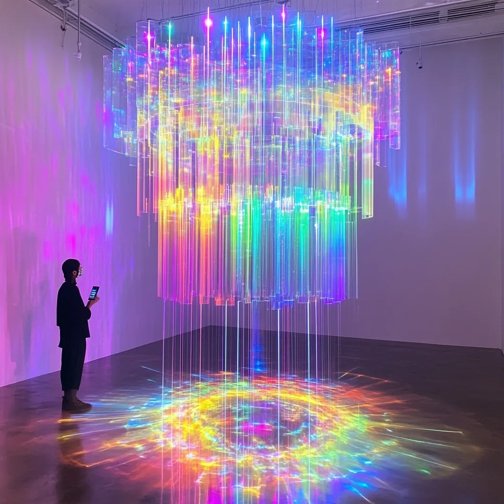 A person stands observing a large, iridescent light sculpture.  The artwork is composed of numerous translucent acrylic rods hanging from a circular frame, creating a mesmerizing rainbow effect on the floor.  The vibrant colors and dynamic light display fill the gallery space with an ethereal atmosphere.  The viewer's focus is drawn to the interplay of light and shadow, suggesting a sense of wonder and awe.