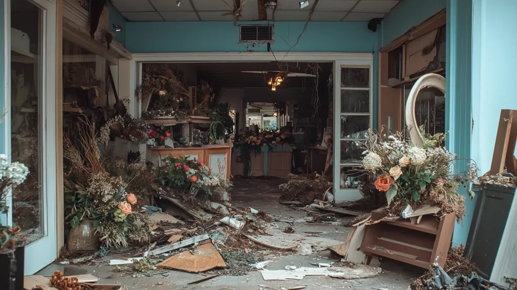 The image shows the interior of a severely damaged flower shop.  Debris and broken furniture are scattered across the floor.  Wilting flowers are strewn amongst the wreckage, contrasting with the teal walls and the shop's partially intact structure.  The scene suggests the aftermath of a disaster, possibly a storm or other destructive event.  The overall mood is one of devastation and loss.