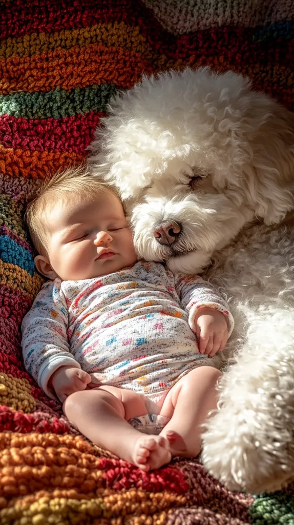 A peaceful scene of a baby and a fluffy white dog snuggling together on a colorful knitted blanket.  The baby is asleep, nestled close to the dog, who rests gently beside them.  Sunlight illuminates the scene, highlighting the soft textures of the blanket, the baby's skin, and the dog's fur. The image evokes feelings of warmth, comfort, and the bond between a child and their pet.