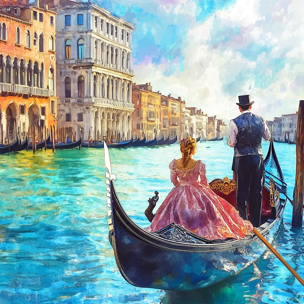 A painting depicts a couple in period costume aboard a gondola gliding through a Venetian canal.  The woman in a pink gown sits facing away, while the man in a top hat steers.  Numerous gondolas are visible in the background, lining the waterway alongside grand, elegant buildings. The scene is rendered in a painterly style with vibrant colors and a slightly impressionistic feel.