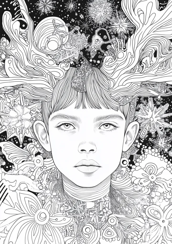 A detailed line drawing depicts a young girl's face, centered and serene. Her hair is styled with intricate, flowing lines that extend into a complex background filled with swirling patterns, flowers, and star-like shapes. The overall style is reminiscent of intricate henna or mandala designs, creating a visually captivating and mystical atmosphere. The contrast between the girl's calm expression and the chaotic yet beautiful background creates a striking juxtaposition.