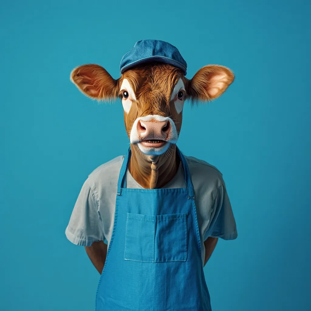 A brown calf's head is superimposed onto a person wearing a light gray shirt and a bright blue apron.  The calf wears a denim newsboy cap.  Its expression is serious, almost stern. The background is a solid, vibrant blue. The image is humorous and slightly surreal.