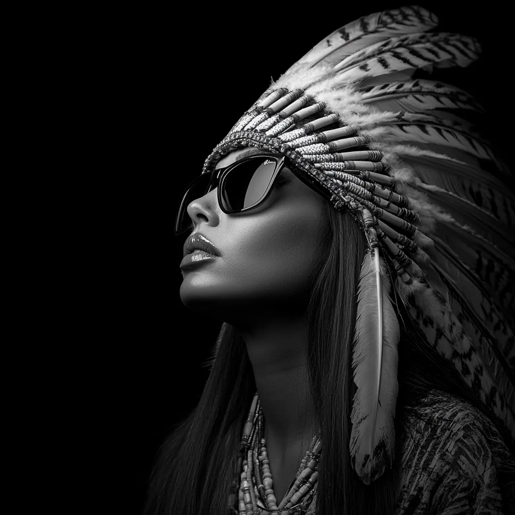A black and white close-up portrait of a woman wearing a headdress adorned with feathers.  She gazes upwards, her face partially shadowed, and she sports dark sunglasses.  The image is dramatic and evocative, with strong contrasts and a moody atmosphere.  The headdress is intricately detailed, and her long hair cascades down her shoulders.  She wears beaded necklaces.