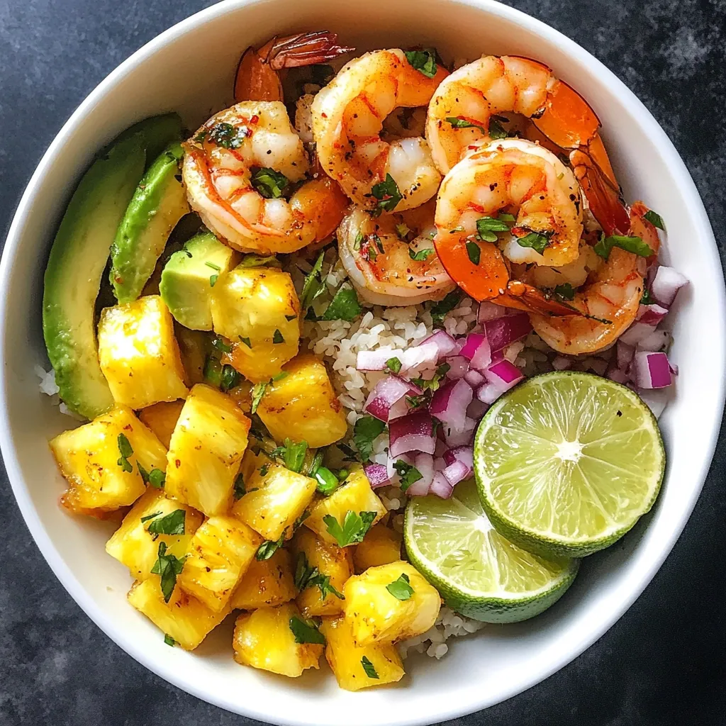 A vibrant shrimp bowl features grilled shrimp, diced pineapple, avocado, red onion, and lime wedges atop a bed of rice.  The pineapple and shrimp are seasoned and garnished with fresh parsley. The bowl is presented in a clean white bowl, showcasing the bright colors and fresh ingredients.