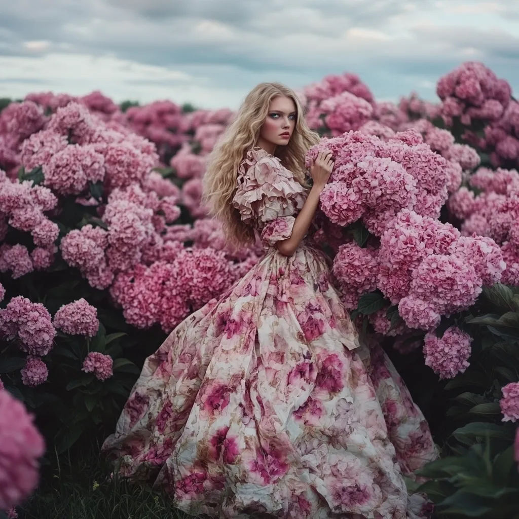 A blonde woman with long, wavy hair stands amidst a field of vibrant pink hydrangeas. She wears a flowing, floral dress in shades of pink and cream, the pattern mirroring the blossoms around her.  Her pose is elegant and slightly pensive, creating a dreamy, romantic atmosphere. The image evokes a sense of fairytale beauty and natural grace.