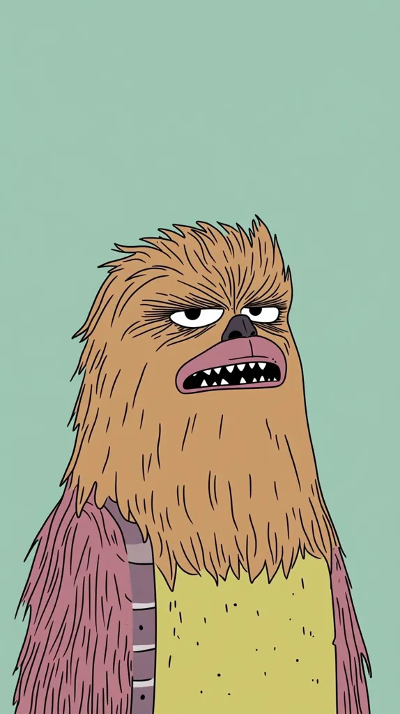 A stylized illustration of Chewbacca, the iconic Star Wars character.  He's depicted with a grumpy expression, wearing a muted purple and yellow garment. The art style is simple, almost cartoonish, with bold outlines and flat coloring, creating a humorous and slightly unsettling interpretation of the Wookiee. The background is a muted teal green.