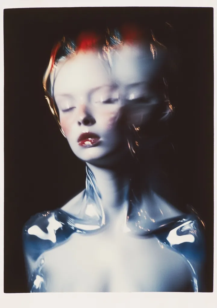 A close-up photograph showcases a woman's ethereal visage, her eyes gently closed.  She appears draped in a translucent, shimmering material that clings to her body, creating a surreal and almost otherworldly effect. The lighting is dramatic, casting shadows that accentuate the texture of the material and the soft contours of her face.  The overall mood is one of serene mystery and subtle beauty.