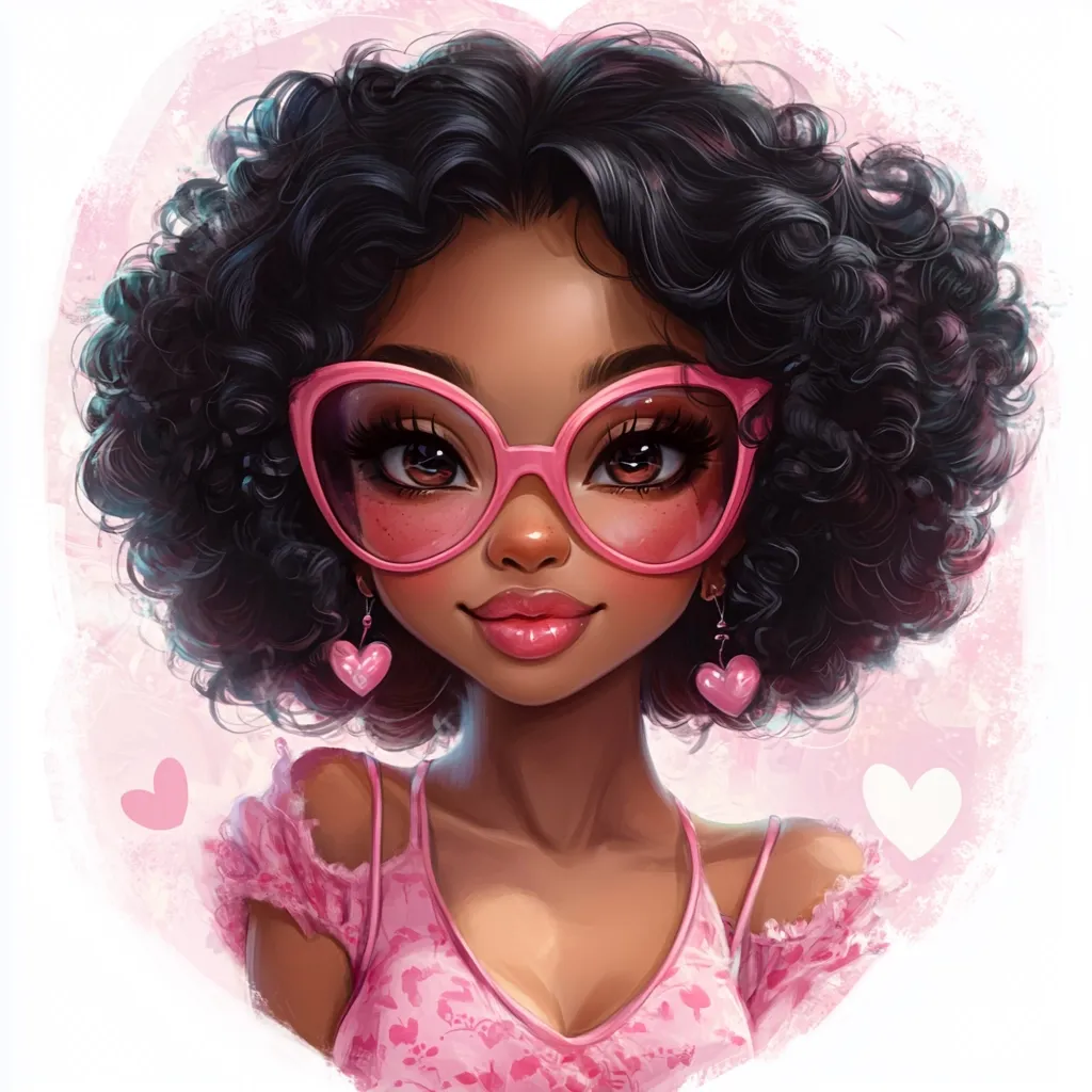 A digital illustration of a young Black woman with a large, curly afro.  She's wearing oversized pink cat-eye glasses and heart-shaped earrings, and a pink, ruffled top.  The style is cute and whimsical, set against a soft pink background with subtle heart shapes.  Her expression is sweet and confident.